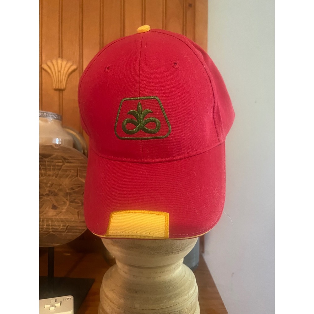 Pioneer A DuPont Company Red Cotton Adjustable Baseball Cap Hat Yellow Trim Logo